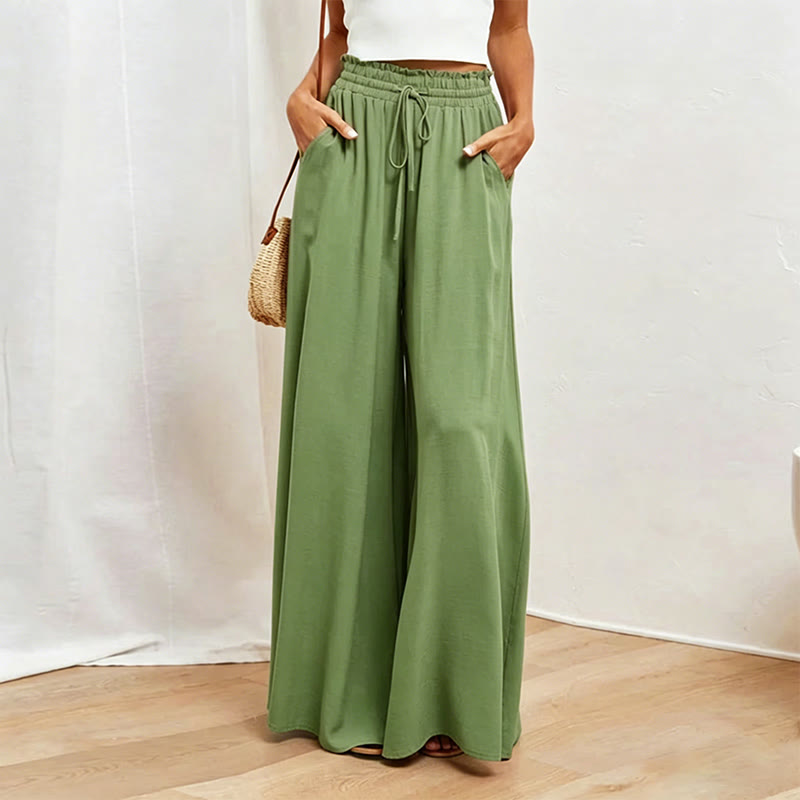 Elegant Solid Elastic Drawstring Waist Pocket Wide Leg Pants - Green - 2XL - image 9