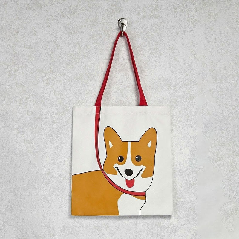 Cute Cartoon Corgi Dog Print Bag - Beige - one size - image 1