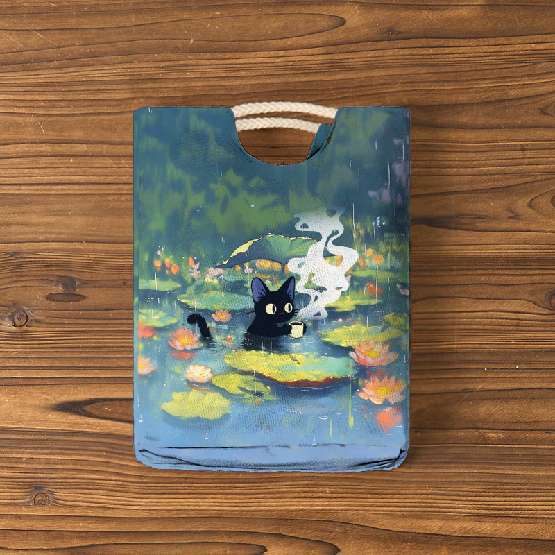 Interesting Cat Drinking Water In Lotus Pond Print Woven Handbag - image 2