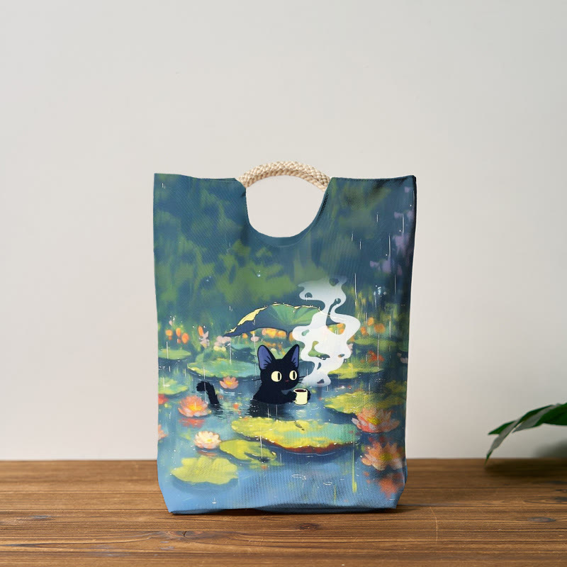 Interesting Cat Drinking Water In Lotus Pond Print Woven Handbag - Blue - one size - image 1