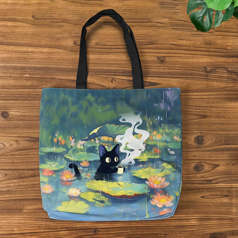 Interesting Cat Drinking Water In Lotus Pond Print Bag - Blue - one size - image 1