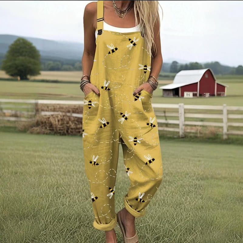 Women's Flying Bees Embroidery Pattern Casual Wide Leg Jumpsuit