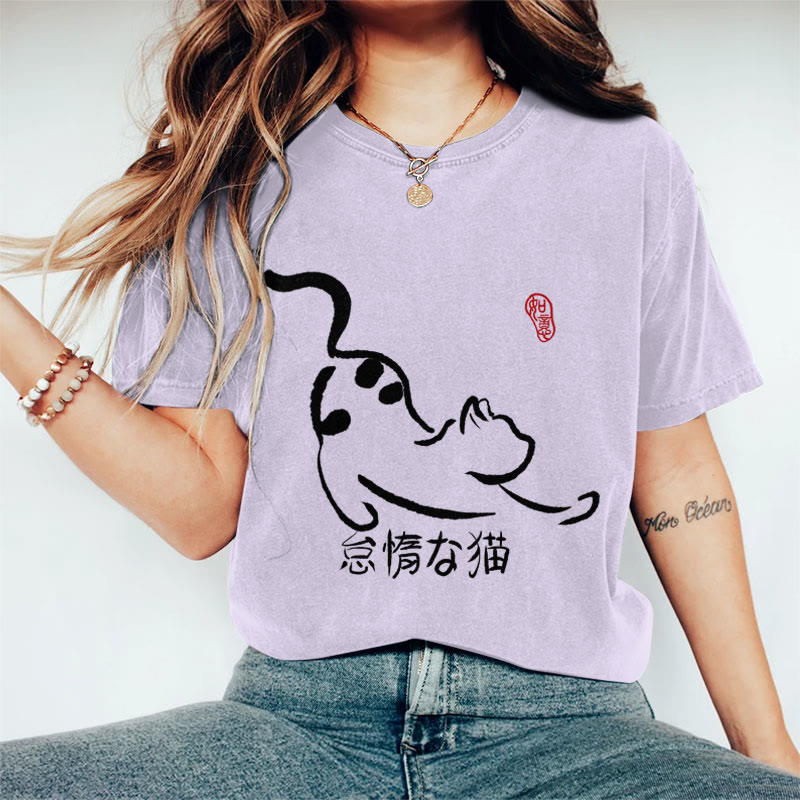 100% Cotton Women's Japanese Lazy Cat Art Print Casual T-shirt - Purple - 2XL - image 2