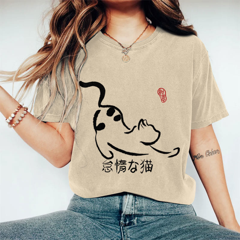 100% Cotton Women's Japanese Lazy Cat Art Print Casual T-shirt - Khaki - 2XL - image 1
