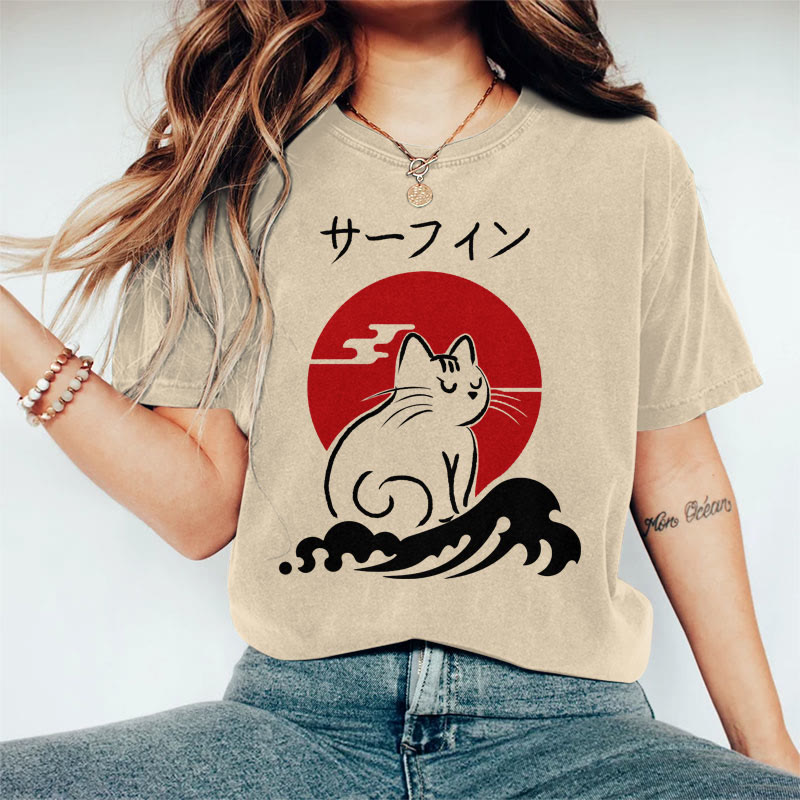 100% Cotton Women's Japanese Sun Angry Cat Art Print Casual T-shirt - Khaki - 2XL - image 2