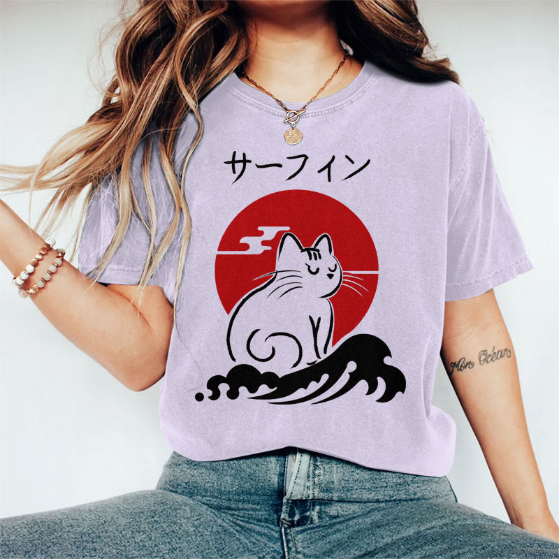 100% Cotton Women's Japanese Sun Angry Cat Art Print Casual T-shirt - Purple - 2XL - image 3