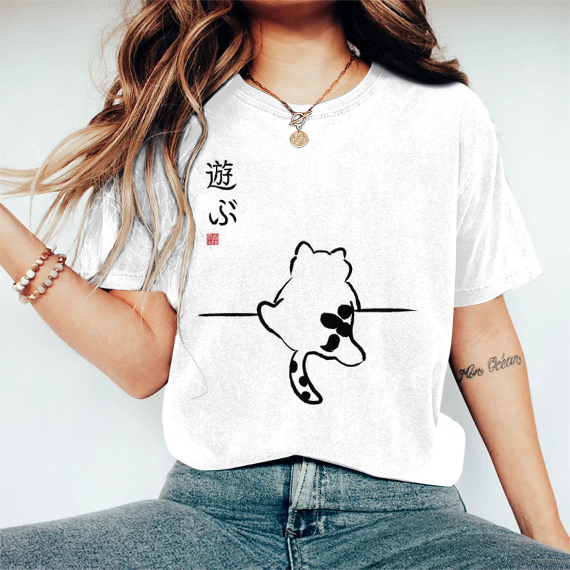 100% Cotton Women's Japanese Ink Watercolor Cat Art Print Casual T-shirt - White - 2XL - image 2