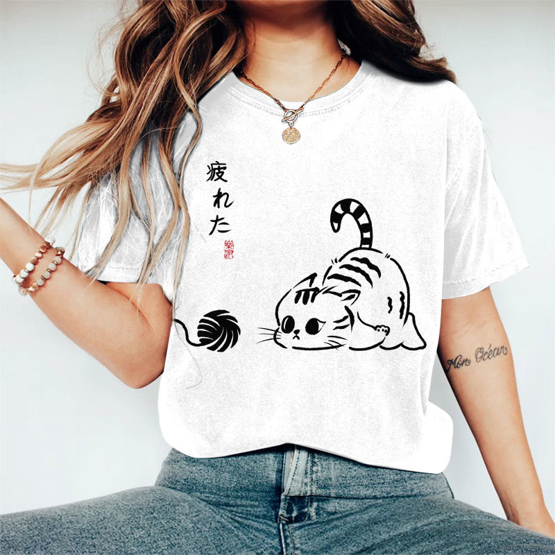 100% Cotton Women's Japanese Tired Playing Cat Art Print Casual T-shirt - White - 2XL - image 1