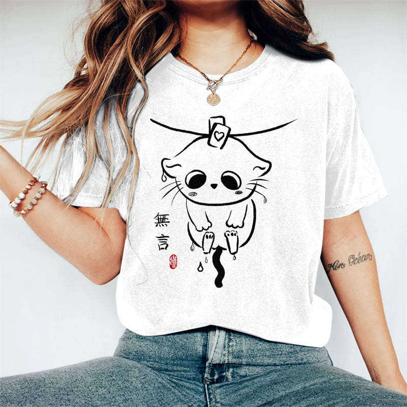 100% Cotton Women's Japanese Poor Cat Hanging On The Line Art Print Casual T-shirt - White - 2XL - image 1