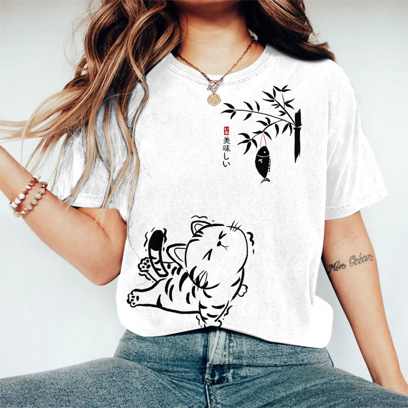 100% Cotton Women's Japanese Cat Eagers For Fish On The Tree Art Print Casual T-shirt - White - 2XL - image 2