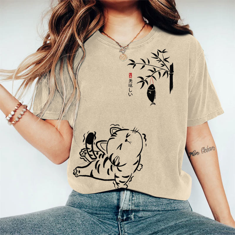 100% Cotton Women's Japanese Cat Eagers For Fish On The Tree Art Print Casual T-shirt - Khaki - 2XL - image 1