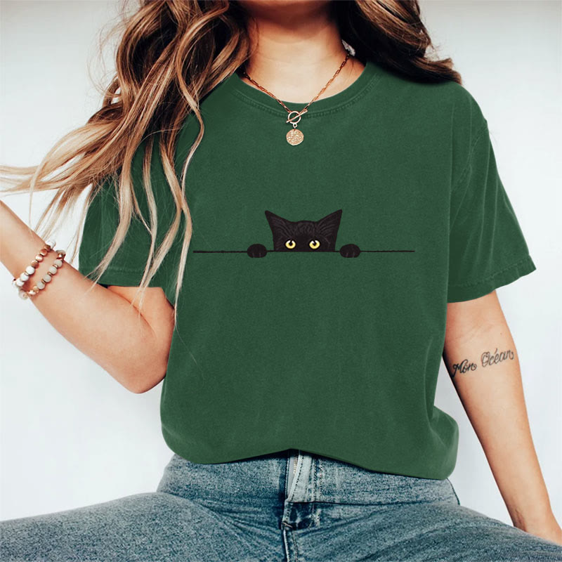 100% Cotton Women's Casual Black Cat Print Casual T-shirt - Dark Green - 2XL - image 4