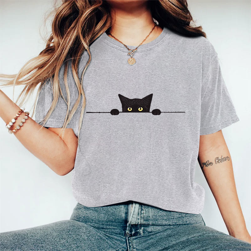 100% Cotton Women's Casual Black Cat Print Casual T-shirt - Grey - 2XL - image 3