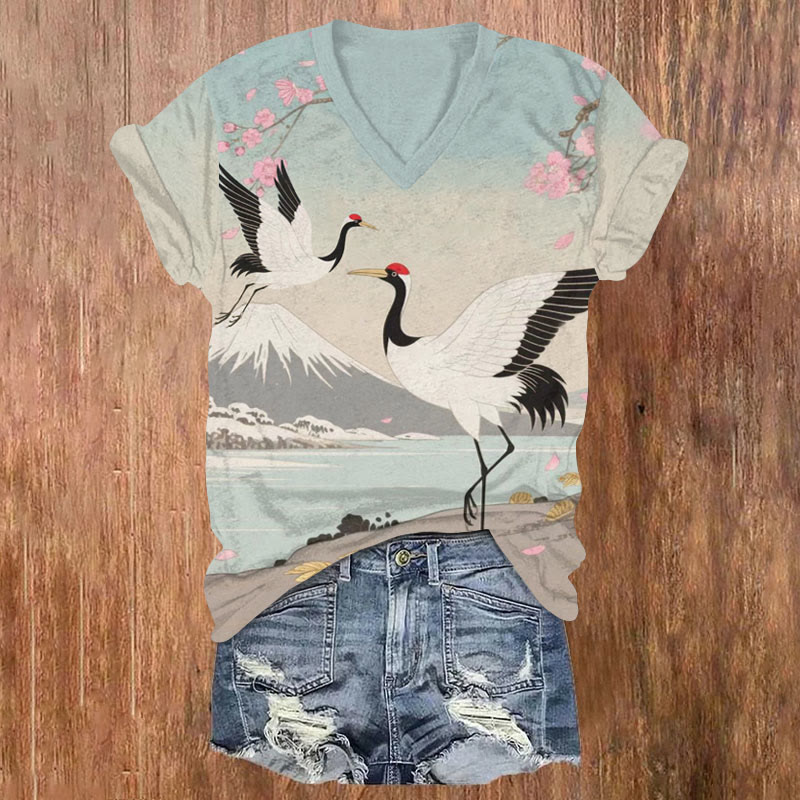 Japanese Mount Fuji Sakura & Crane Art Print V-neck T-shirt - Blue - US32-34(5XL) - image 1