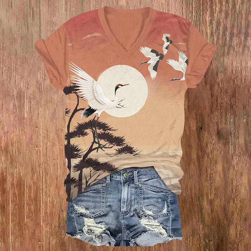 Japanese Sunset & Flying Crane Art Print V-neck T-shirt - Orange - US32-34(5XL) - image 1