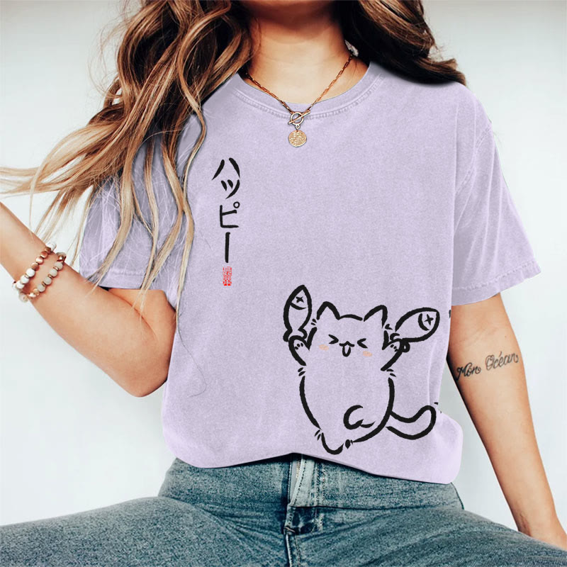 100% Cotton Women's Japanese Lovely Cat Holding Fish Art Print Casual T-shirt - Purple - 2XL - image 2