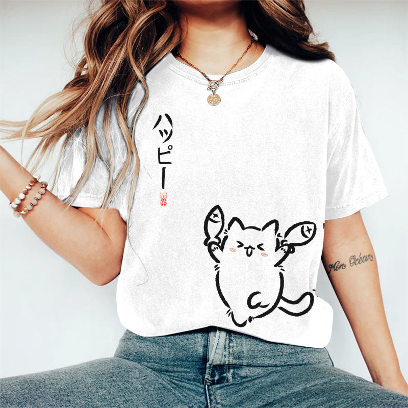 100% Cotton Women's Japanese Lovely Cat Holding Fish Art Print Casual T-shirt - White - 2XL - image 1