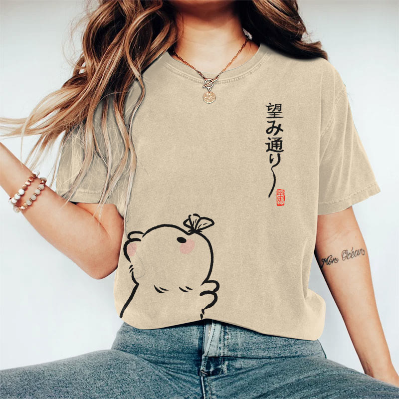 100% Cotton Women's Japanese Cute Cat With Butterfly On The Nose Art Print Casual T-shirt - Khaki - 2XL - image 4