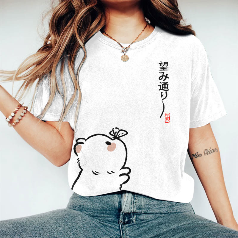 100% Cotton Women's Japanese Cute Cat With Butterfly On The Nose Art Print Casual T-shirt - White - 2XL - image 1