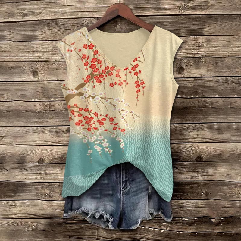 Japanese Retro Ombre Plum Blossom Art Print V-neck Tank Top - Yellow - 5XL - image 1
