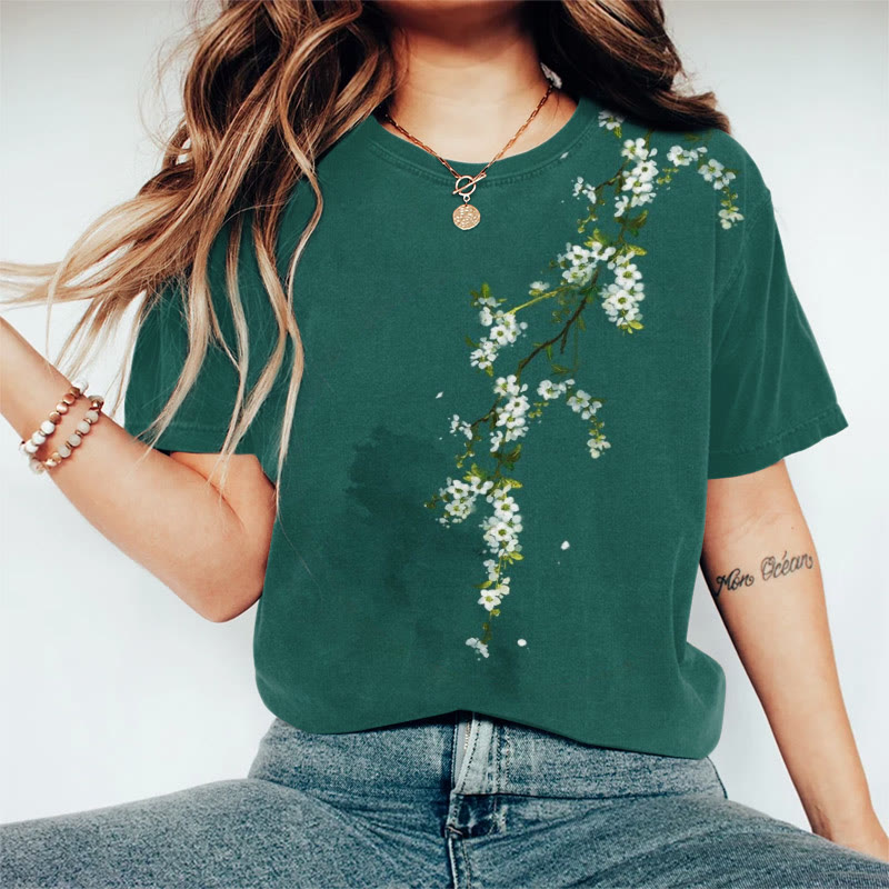 Simple Floral Art Print Casaul T-shirt - Green - US44-46(8XL) - image 1
