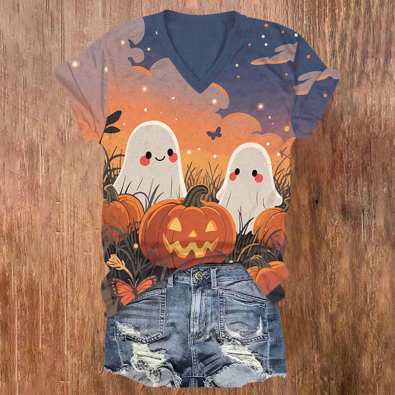Cute Ghost Pumpkin Hallowee Print V-neck T-shirt - Orange - US32-34(5XL) - image 1
