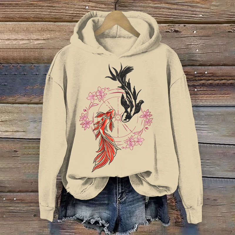 100% Cotton Japanese Sakura Watercolor Koi Print Hoodie - Apricot - US16-18(2XL) - image 1