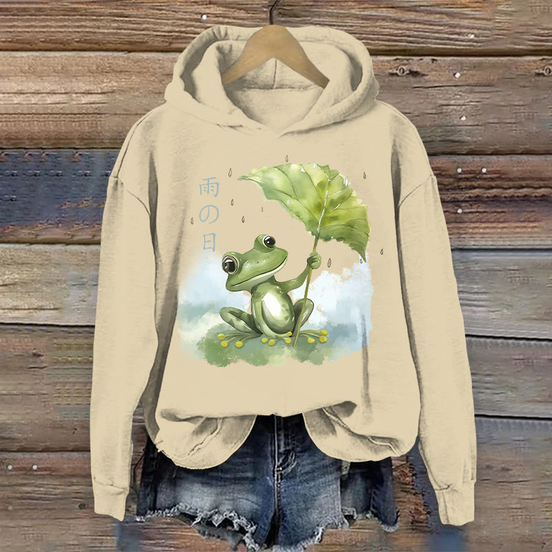 100% Cotton Japanese Watercolor Frog Sheltering From Rain Print Hoodie - Apricot - US16-18(2XL) - image 1