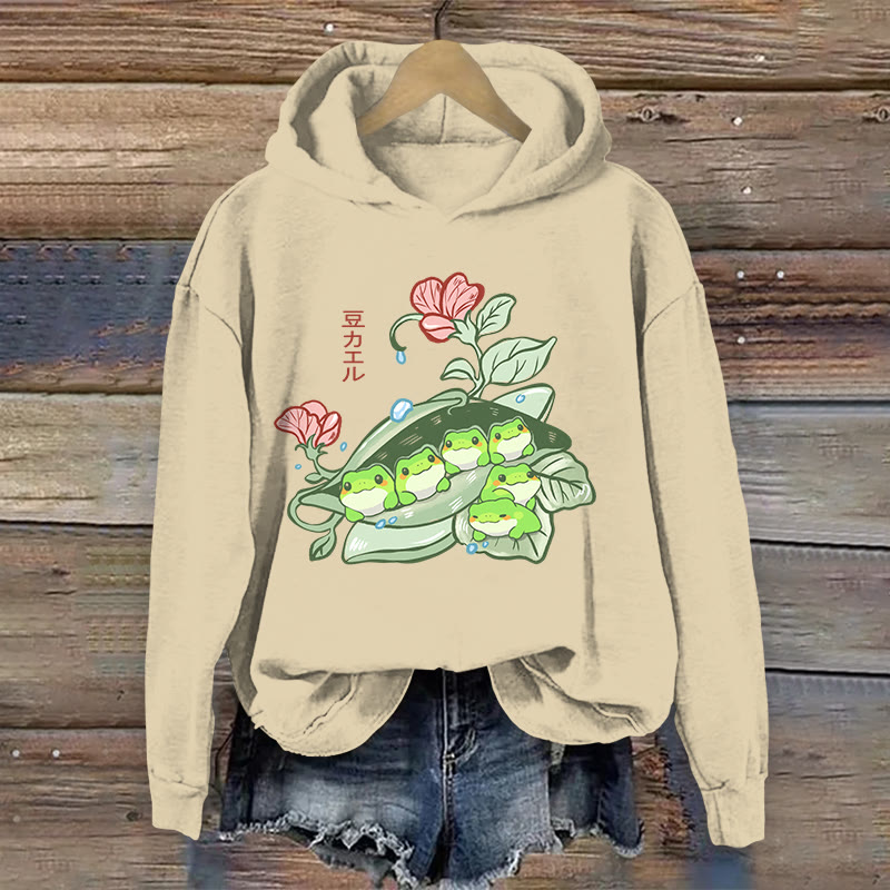 100% Cotton Japanese Lovely Frog Pea Print Hoodie - Apricot - US16-18(2XL) - image 1