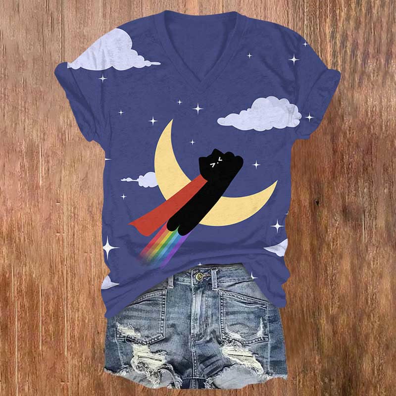 Creative Black Cat Flying Up Starry Sky & Moon Print V-neck T-shirt - Blue - US32-34(5XL) - image 1