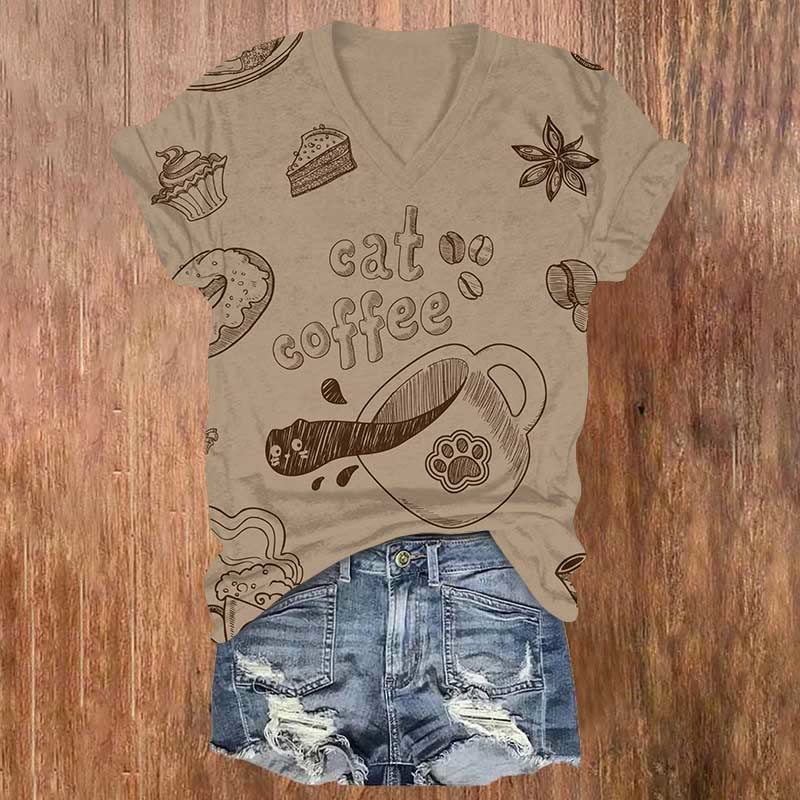 Creative Cat Coffee Art Print V-neck T-shirt - Coffee - US32-34(5XL) - image 1