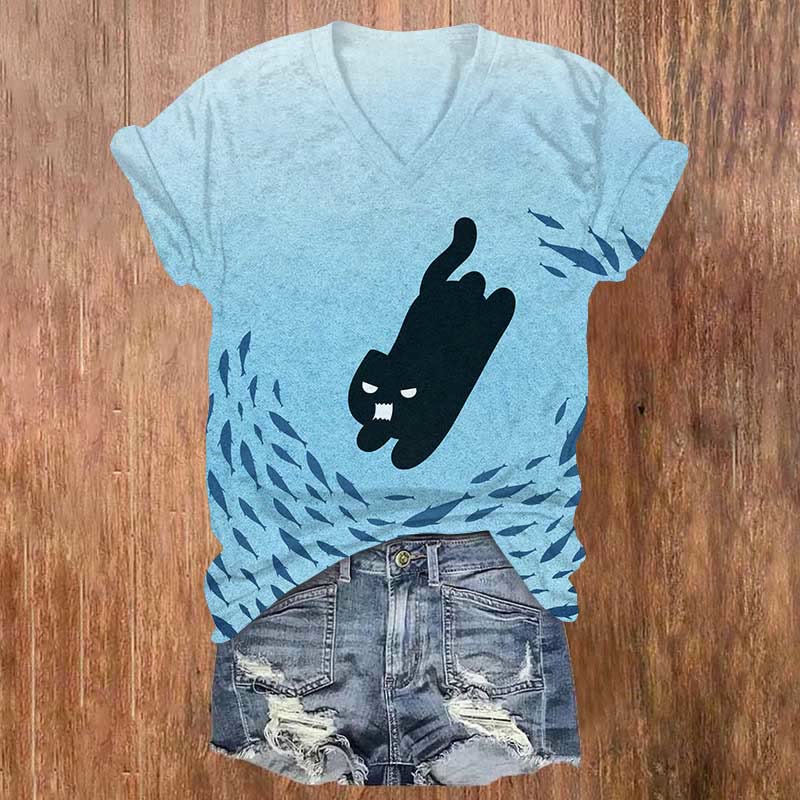 Angry Black Cat & Fish School Art Print V-neck T-shirt - Sky Blue - US32-34(5XL) - image 1