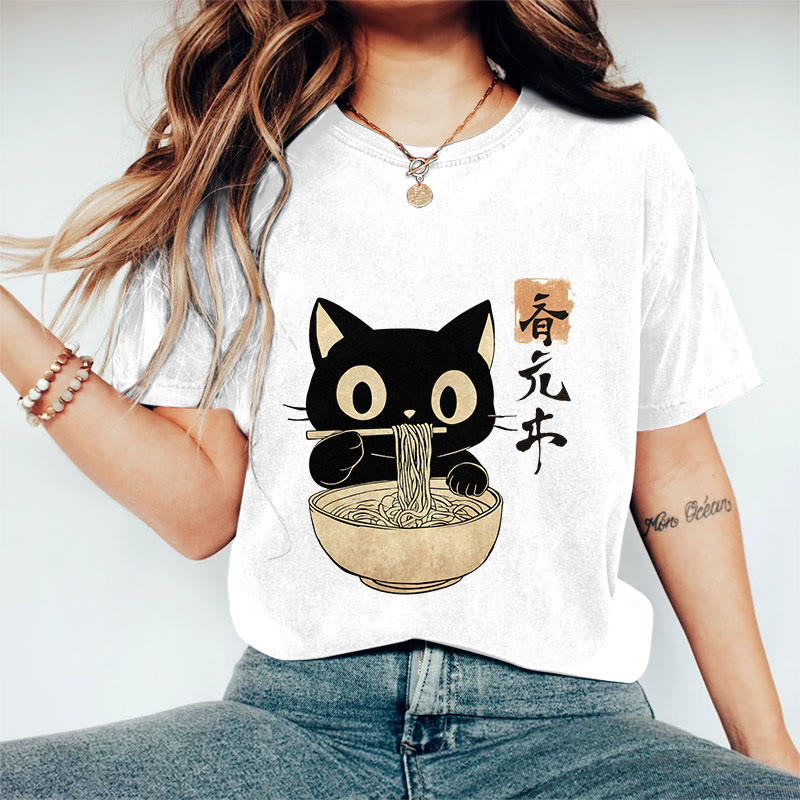 100% Cotton 	 Vintage Japanese Cute Cat Eating Ramen Art Print T-shirt - White - US16-18(2XL) - image 8