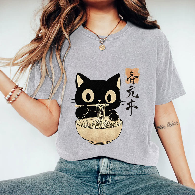 100% Cotton 	 Vintage Japanese Cute Cat Eating Ramen Art Print T-shirt - Grey - US16-18(2XL) - image 7