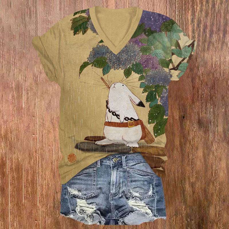 Japanese Cute Rabbit Watching Hydrangea Art Print V-neck T-shirt - Khaki - US32-34(5XL) - image 1