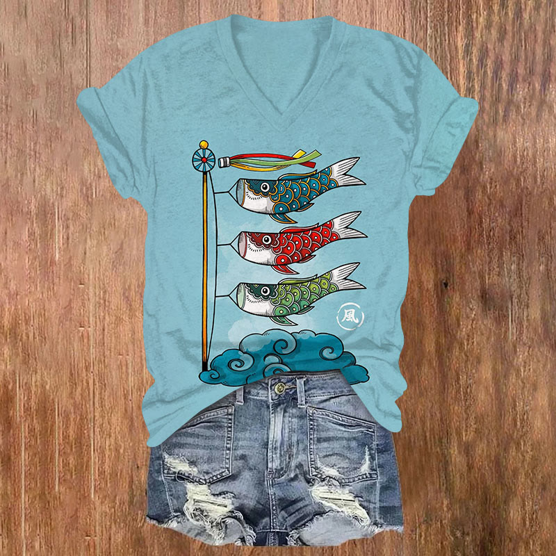 Japanese Traditional Koi Carp Flag Art Print V-neck T-shirt - Blue - US32-34(5XL) - image 1