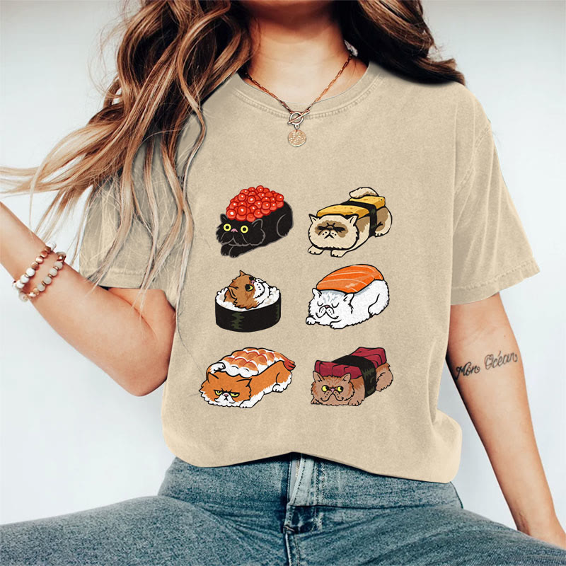 100% Cotton Funny Sushi Cat Art Print T-shirt - Apricot - US16-18(2XL) - image 2