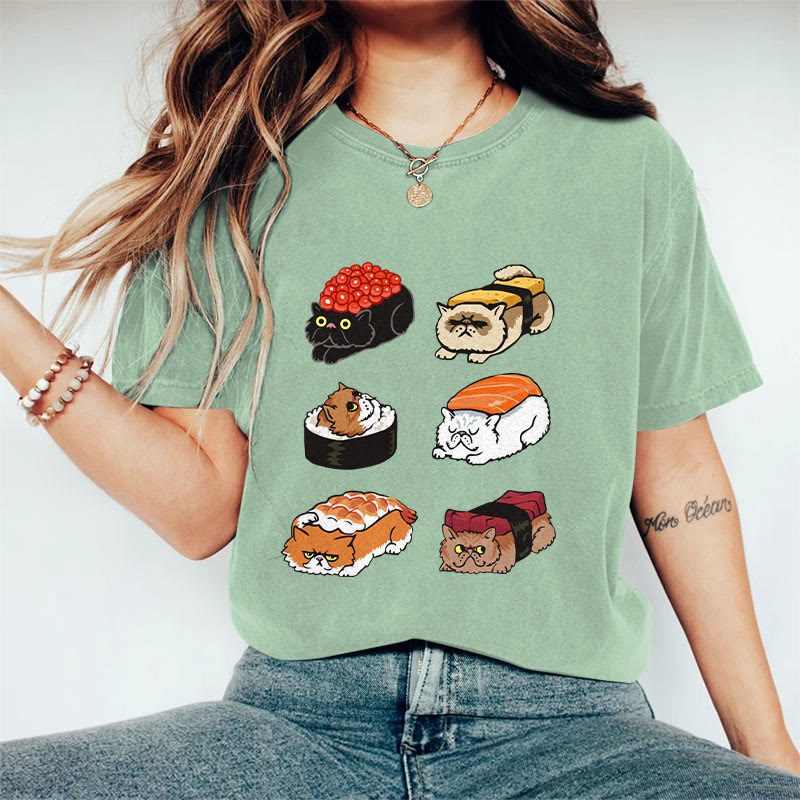 100% Cotton Funny Sushi Cat Art Print T-shirt - Light Green - US16-18(2XL) - image 1
