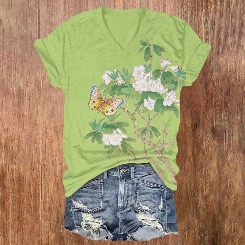 Vintage Floral & Butterfly Art Print V-neck T-shirt - Green - US32-34(5XL) - image 2