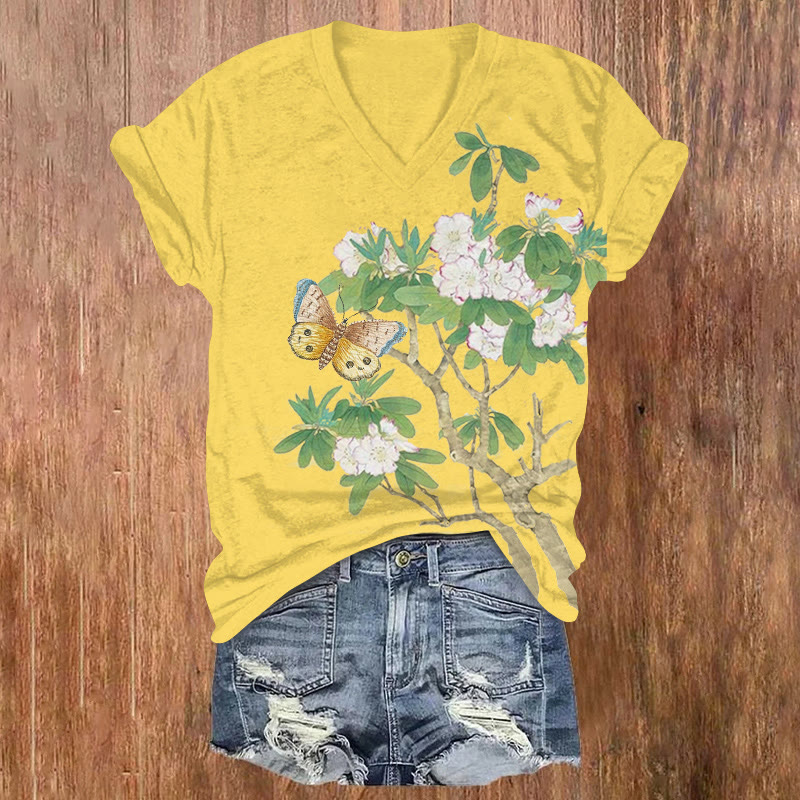 Vintage Floral & Butterfly Art Print V-neck T-shirt - Yellow - US32-34(5XL) - image 1