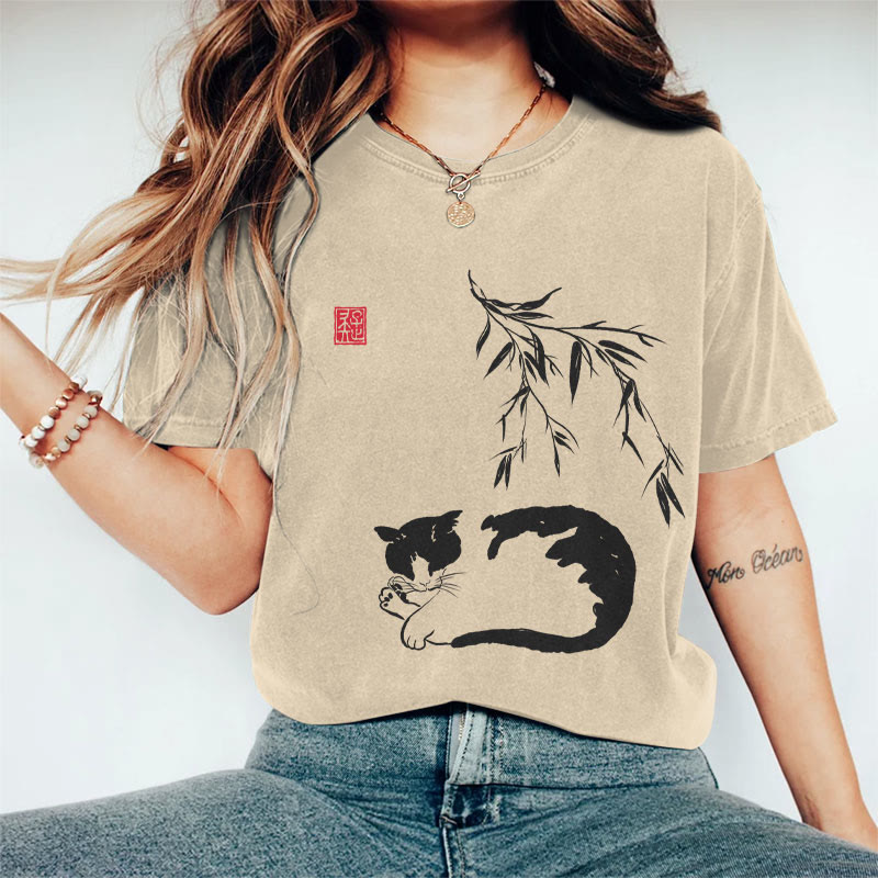 100% Cotton Women's Japanese Sleeping Cat Under Bamboo Art Print Casual T-shirt - Khaki - 2XL - image 1