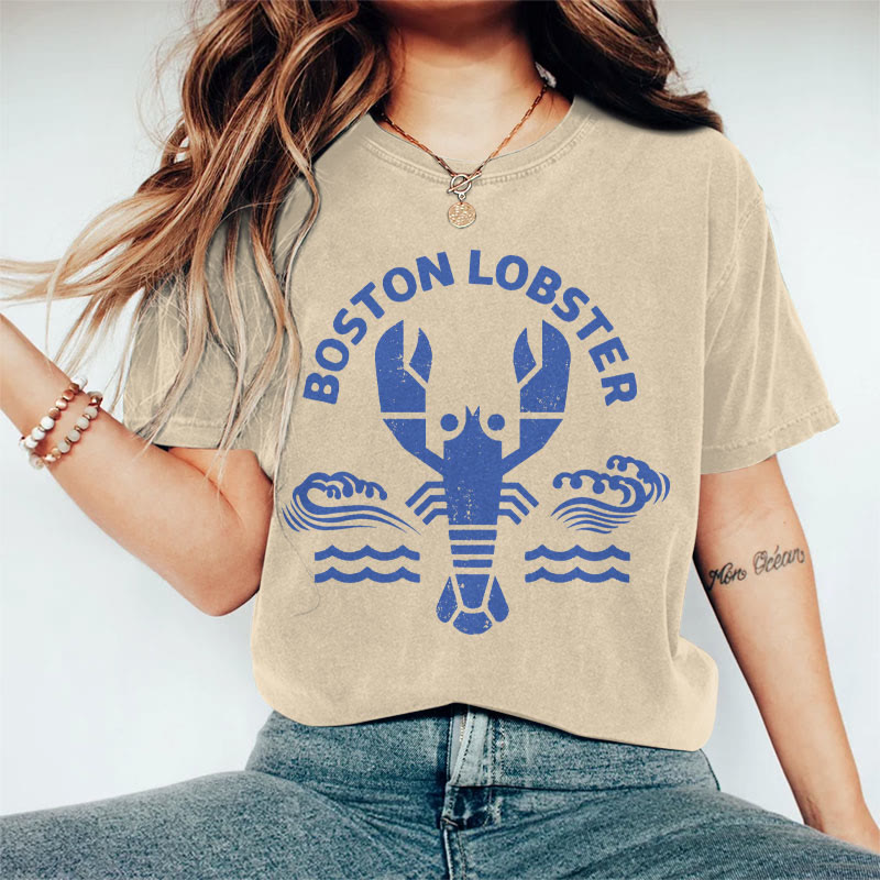 100% Cotton Women's Vintage Boston Lobster Art Print Casual T-shirt - Khaki - 2XL - image 3