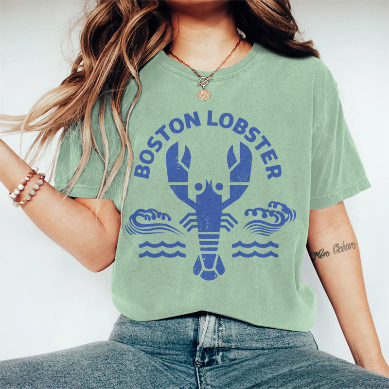 100% Cotton Women's Vintage Boston Lobster Art Print Casual T-shirt - Green - 2XL - image 1