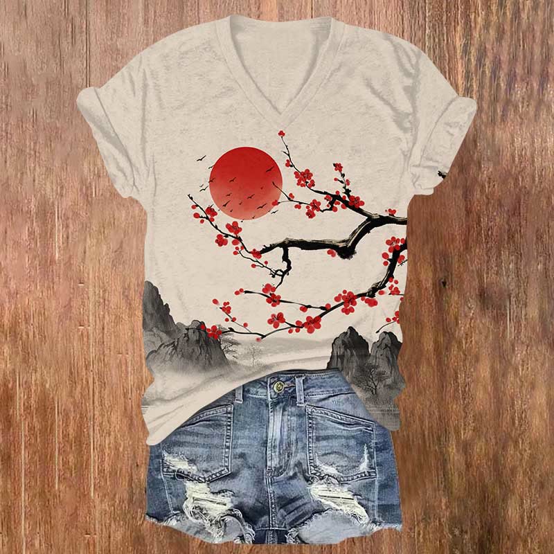 Japanese Watercolor Plum Blossom Art Print V-neck T-shirt - Khaki - US32-34(5XL) - image 1