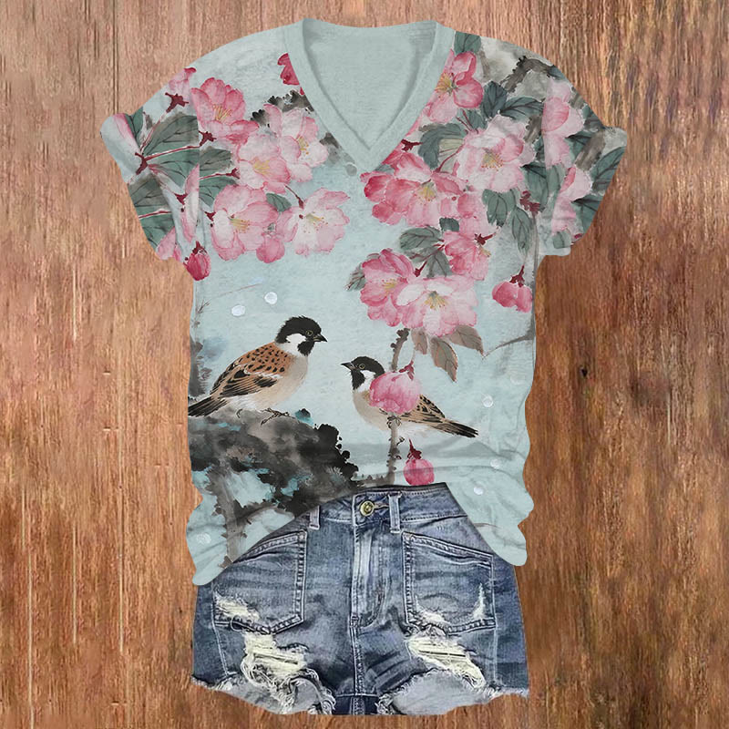 Vintage Oil Painting Peach Blossom & Birds Print V-neck T-shirt - Light Blue - US32-34(5XL) - image 1