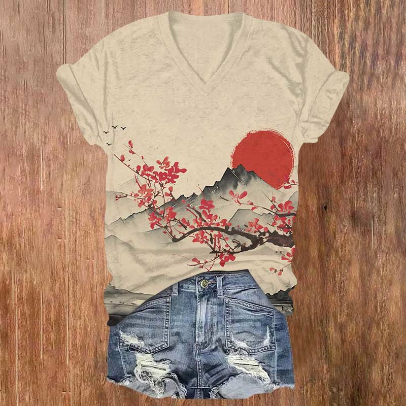 Japanese Watercolor Landscape Plum Blossom Art Print V-neck T-shirt - Apricot - US32-34(5XL) - image 1