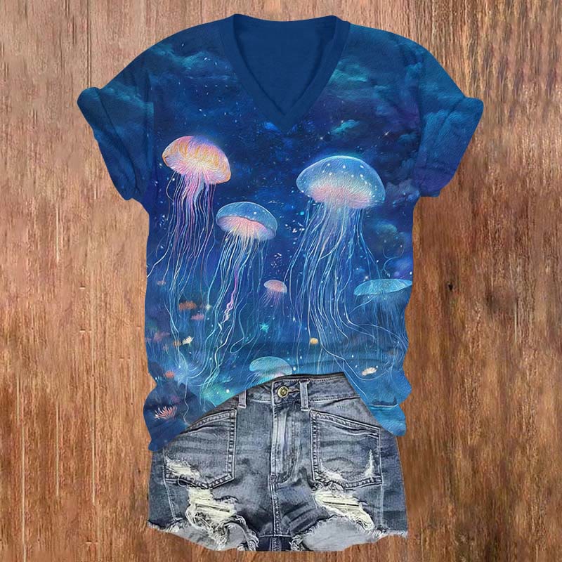 Mysterious Glowing Jellyfish On The Flowerbed Print V-neck T-shirt - Blue - US32-34(5XL) - image 1