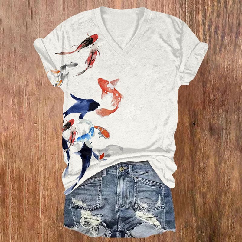 Japanese Summer Watercolor Koi Art Print V-neck T-shirt - White - US32-34(5XL) - image 1