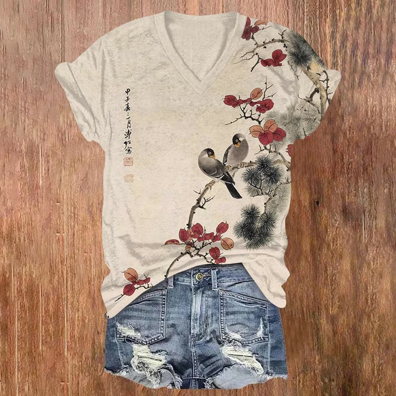 Japanese Vintage Loving Birds On The Tree Print V-neck T-shirt - Apricot - US32-34(5XL) - image 1