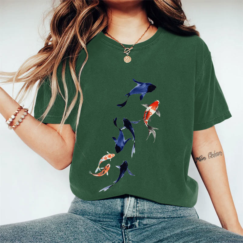 100% Cotton Koi Ink Painting Art Print Casual T-shirt - Dark Green - 2XL - image 2